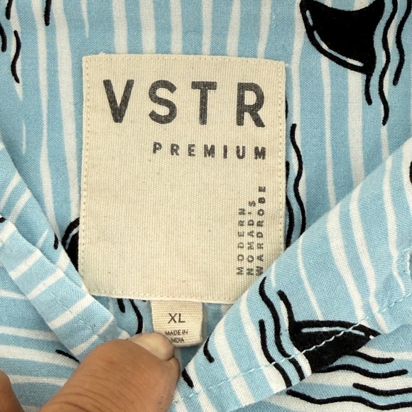 VSTR Premium Mens XL Shark Fin Stripe Button Up Shirt Blue Short Sleeve Viscose - Picture 3 of 12